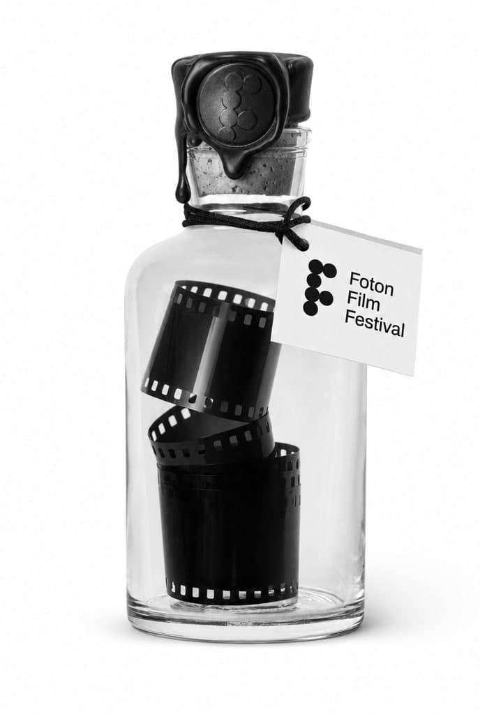 Filmi në Shishe · Një shishe e bukur qelqi. Brenda, një shirit filmi autentik 35mm, me certifikatë.